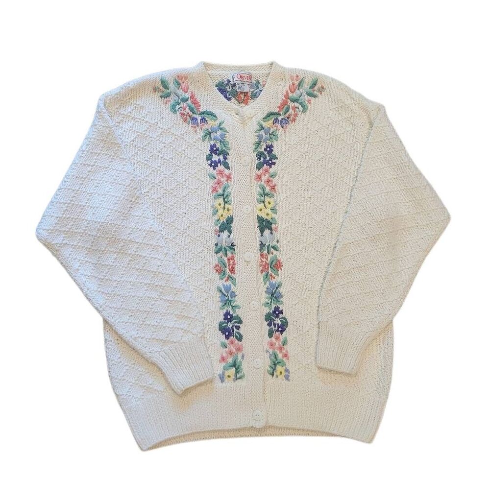 Vintage 90s Orvis Sweater Women's Medium Floral Embroidered Cardigan Cottage